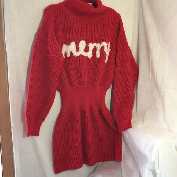 Sweater Dress Red Merry Knit Turtleneck long sleeve Midi S Ugly X-Mas - Picture 1 of 7